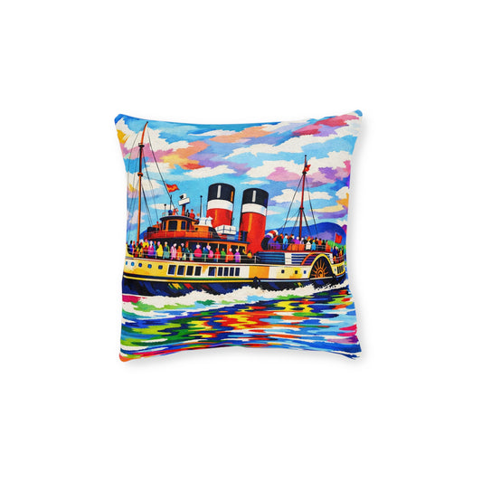 Vintage Paddle Steamer Watercolor Square Pillow | Nautical Harbor Decor